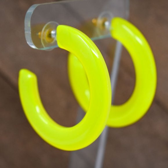 1.75" Retro Translucent Neon Yellow Hoop Earrings - Picture 11 of 11